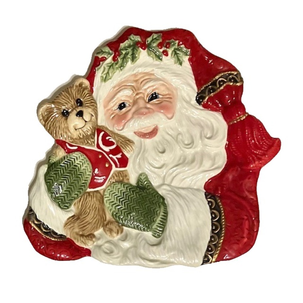 Fitz & Floyd Yuletide Tradition Santa with Teddy Bear Canape Cookie Plate Tray